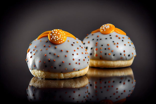 Traditional white poppy seed buns with orange glaze on dark background