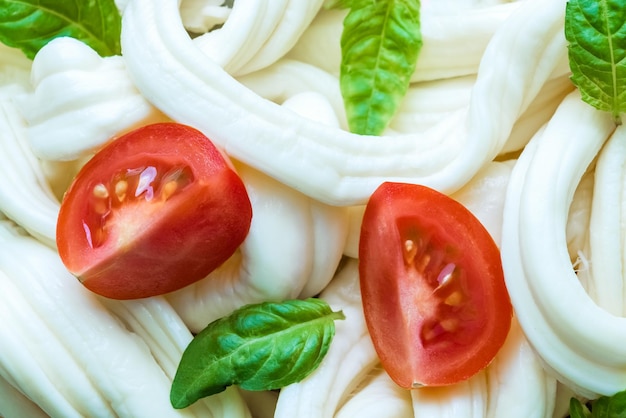 Traditional white soft fibrous Cecil cheese as background. The cheese is decorated with ripe tomatoes and basil