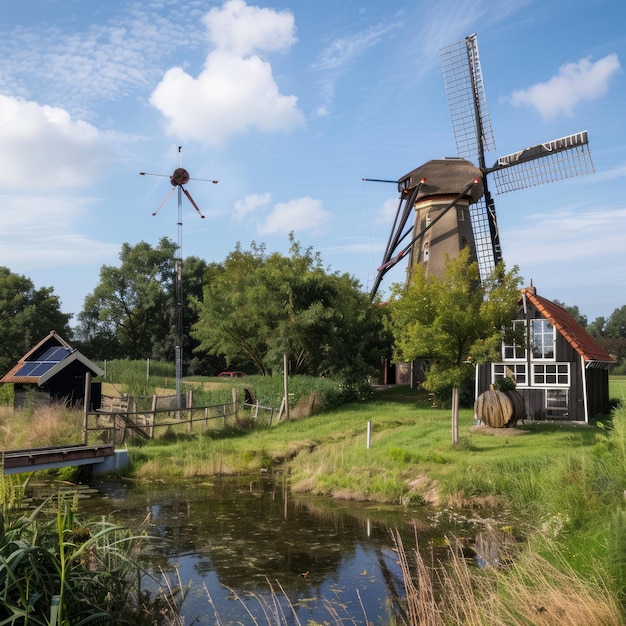 Photo a traditional windmill stands by a pond a small shed and a modern wind turbine nearby