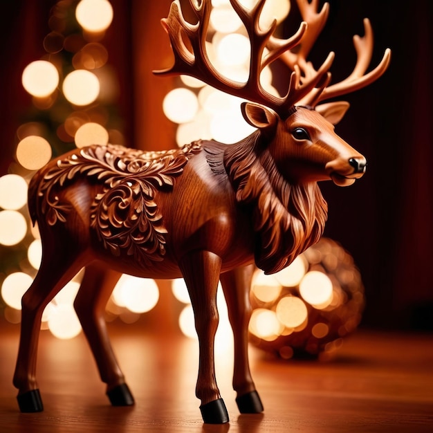 Traditional wooden carved reindeer festive Christmas ornament with intricate details and carvings