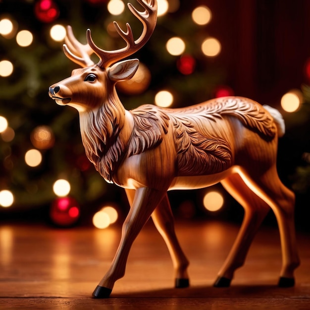 Traditional wooden carved reindeer festive Christmas ornament with intricate details and carvings