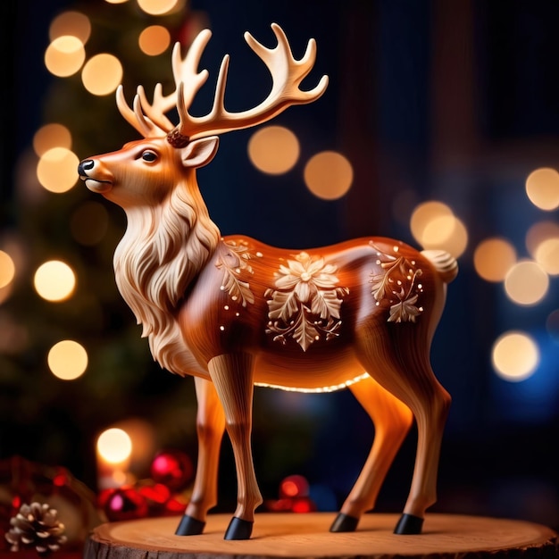 Traditional wooden carved reindeer festive Christmas ornament with intricate details and carvings