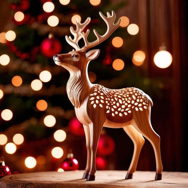 Traditional wooden carved reindeer festive Christmas ornament with intricate details and carvings