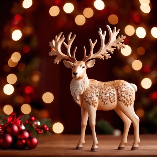 Traditional wooden carved reindeer festive Christmas ornament with intricate details and carvings