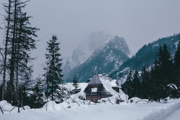 Traditional wooden houses of the winter mountains in the ski resort