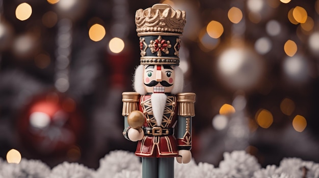 Traditional Wooden Nutcracker decoration on bokeh background