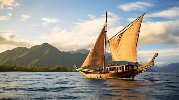 Traditional wooden phinisi boat sailing