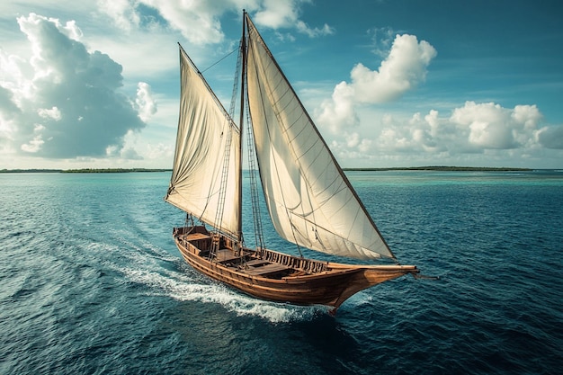 A traditional wooden sailboat sailing in the open