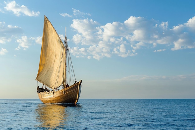 A traditional wooden sailboat sailing in the open