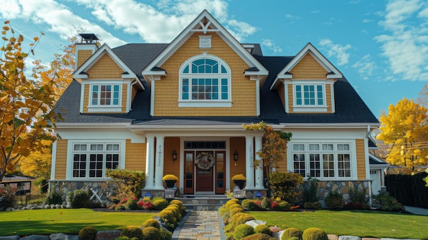 A traditional yellow house decorated with autumn foliage and a welcoming porch in a serene neighborhood