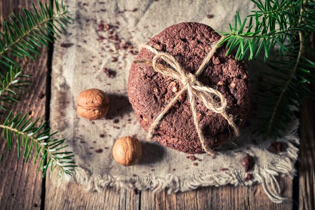 Traditionally and sweet chocolate cookies on rustic style