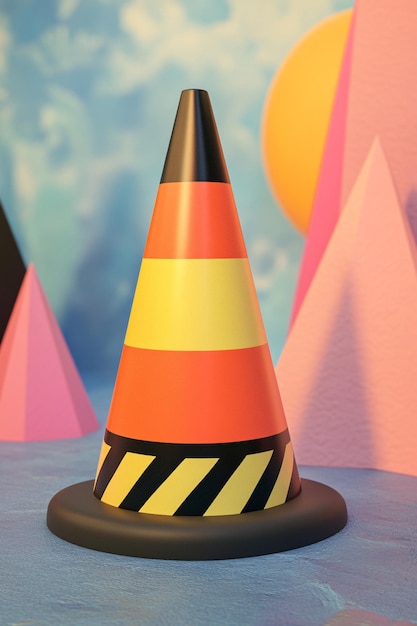 Photo traffic cone standing in minimalist pastel colors geometric landscape