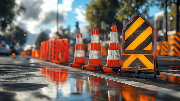 Photo traffic cones and barriers on a wet street reflecting light indicating road work in progress