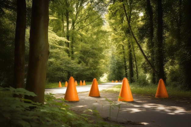 Traffic cones in a beautiful natural setting surrounded by trees and greenery