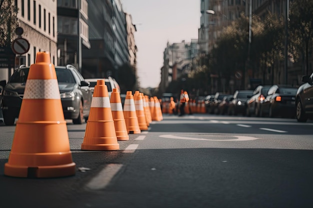 Traffic cones in a row on a busy street with traffic streaming past