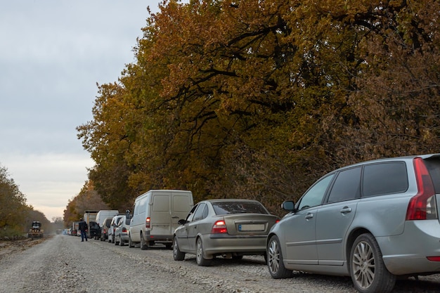 Traffic jam on busy road cars in row