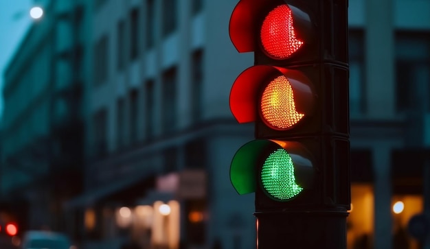 Traffic light sign in the city by night greenredorange traffic light with blurred city on the backgr