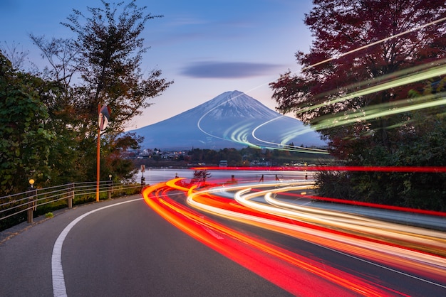 Traffic Light Trails to Fujisan at Kawaguchiko Lake,Japan.