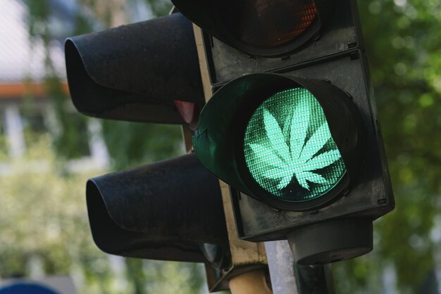 Traffic light with Marijuana or cannabis sign