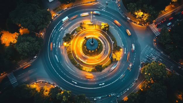 Photo traffic lights at a roundabout with cars navigating the circle and signals visible from various angles highlighting the traffic flow and control