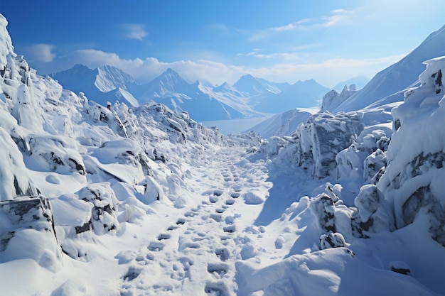 Trail of ascent Human footprints mark snowy hillside climb with determined steps