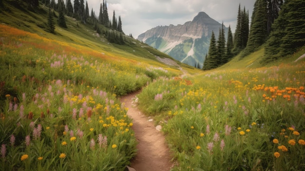 Trail leading onto mountains with flowering meadows Generative AI