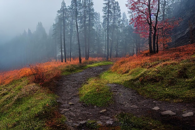 The trail in the misty forest Misty forest trail Trail in misty forest Forest mist trail Misty forest landscape