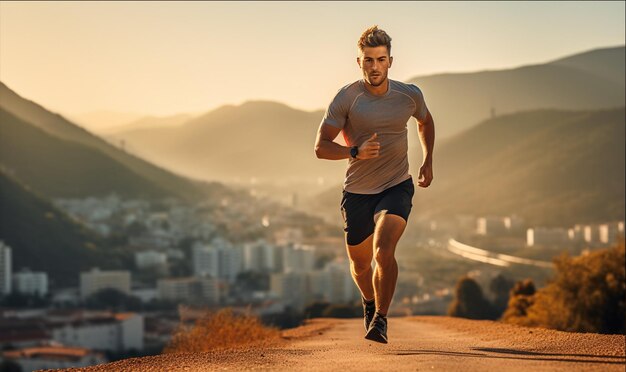 A trail runner running up a mountain trail as the sun rises City view in the background