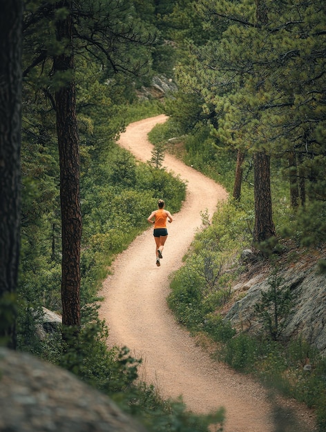 Photo trail runner sprinting along winding path through wilderness