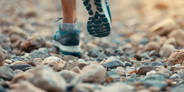 Trail runners feet in running shoes hit rocky path with rugged soles Concept Trail Running Running Shoes Rocky Path Rugged Soles Outdoor Adventure