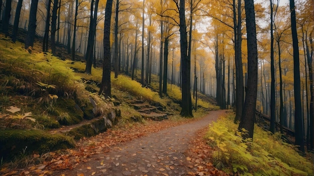 Trail through a misty autumnal golden forest