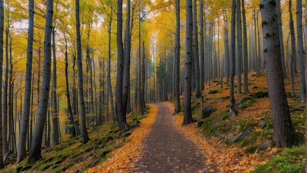 Trail through a misty autumnal golden forest