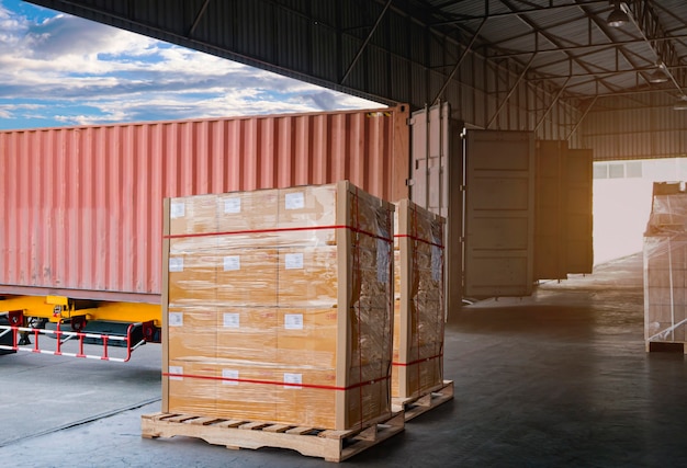 Trailer cargo truck parked loading at dock of warehouse