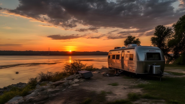 A trailer is parked on the shore of a lake with the sun setting behind it.