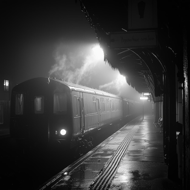 Photo train arriving at a foggy station at night