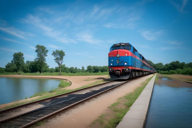 Train by Trees Against Blue Sky 4k quality image generated by Ai