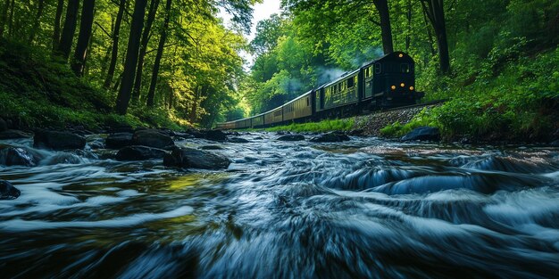 A train chugs through a forest its steam rising above the rushing river