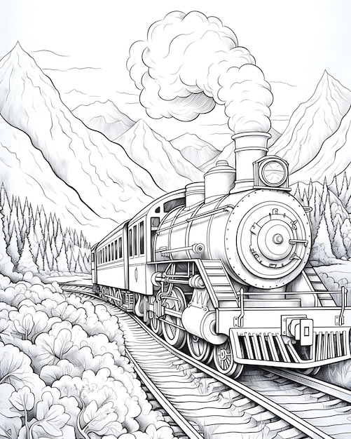 Train Coloring Page Mountains Style