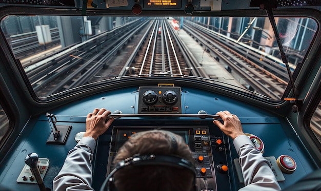 Photo a train conductor is driving a train track and the word quot go quot on the sign