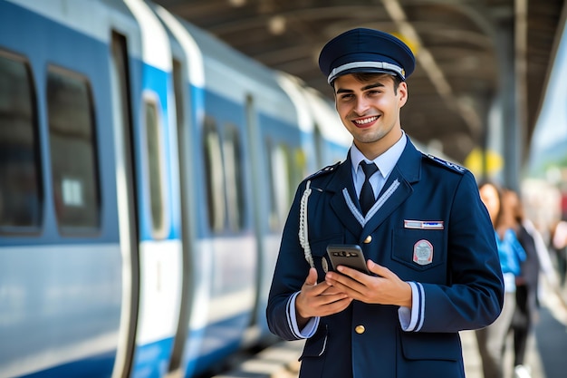 A train conductor stands next to a train