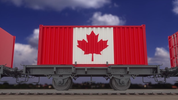 Train and containers with the flag of Canada. Railway transportation. 3d rendering.