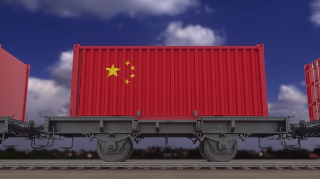 Train and containers with the flag of China. Railway transportation. 3d rendering.