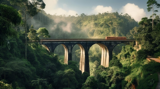 A train crosses a bridge in the jungle.