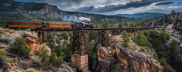 Train crossing a long wooden trestle bridge over a deep canyon