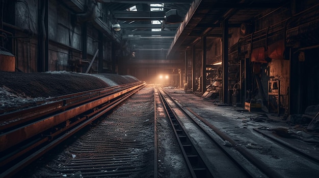 A train in a dark abandoned building with a light coming from the top.