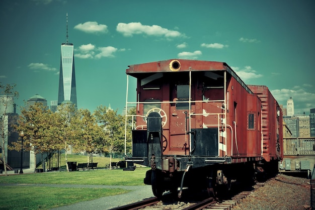 Train and downtown Manhattan in park.