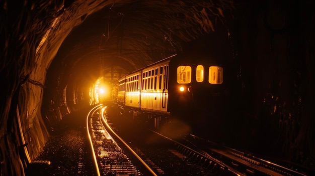 A train emerging from a tunnel its windows glowing with an otherworldly light as if the passengers