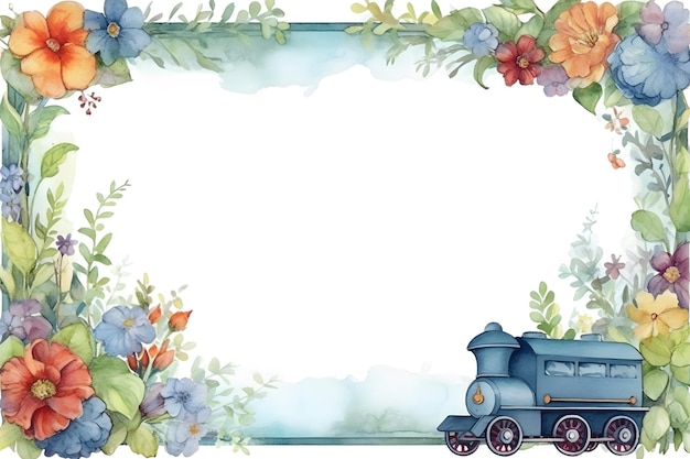 Train on flower background Floral frame layout templates for gift cards invitations poster