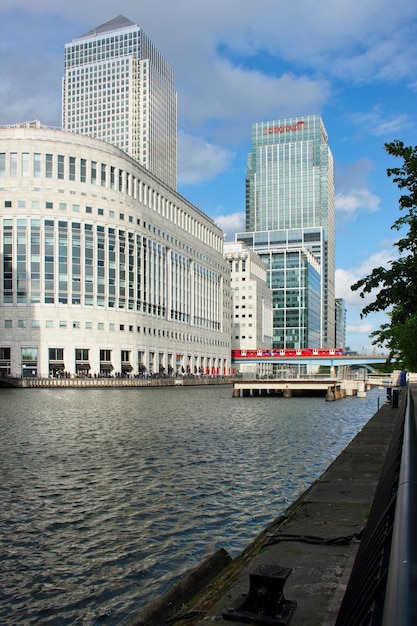 Train from the DLR line departing from Canary Wharf Station Financial District in London England