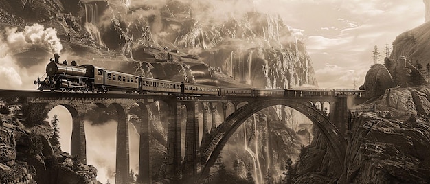 a train going over a bridge with a waterfall in the background